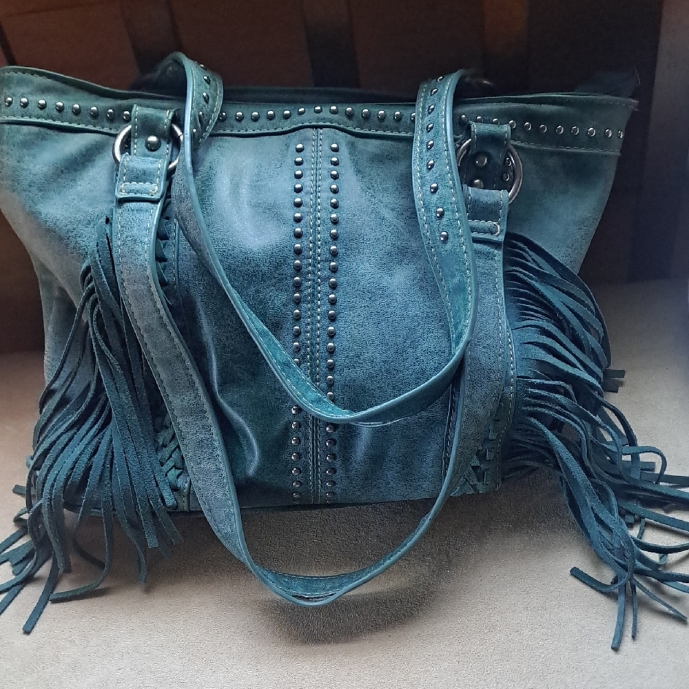 Blue Fringe Shoulder Bag with Suede Texture